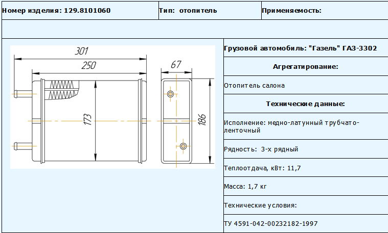 Размеры радиатора газель старого образца